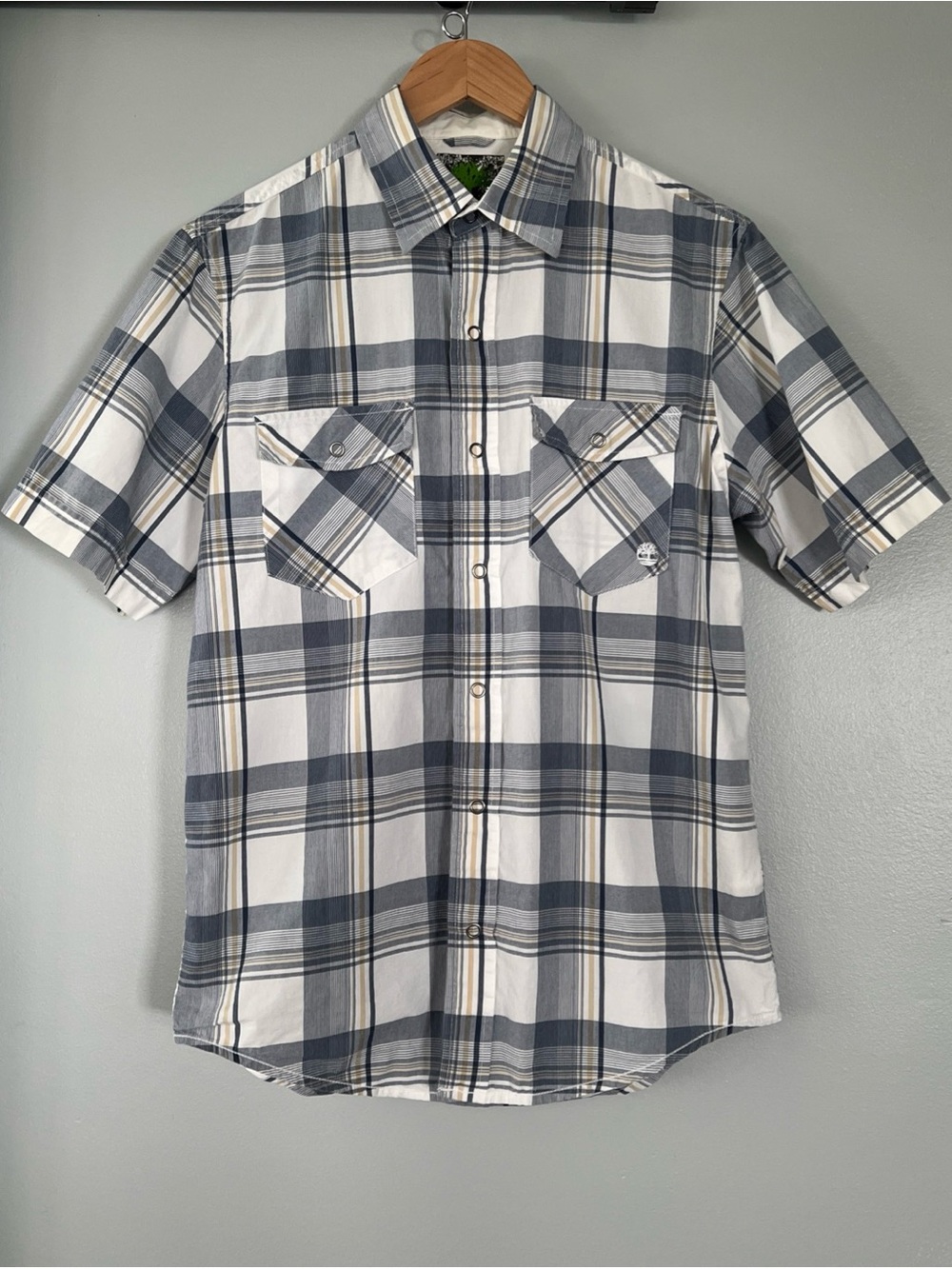Timberland Short Sleeve Men's Small Blue White Plaid Snap Button Up Cotton Shirt